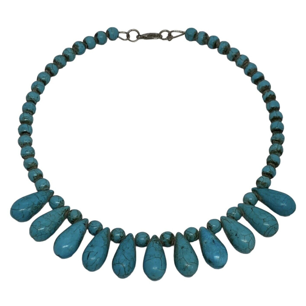 Fashion 22" Choker Necklace Turquoise Colored Stones Silver Clip Clasp Vintage